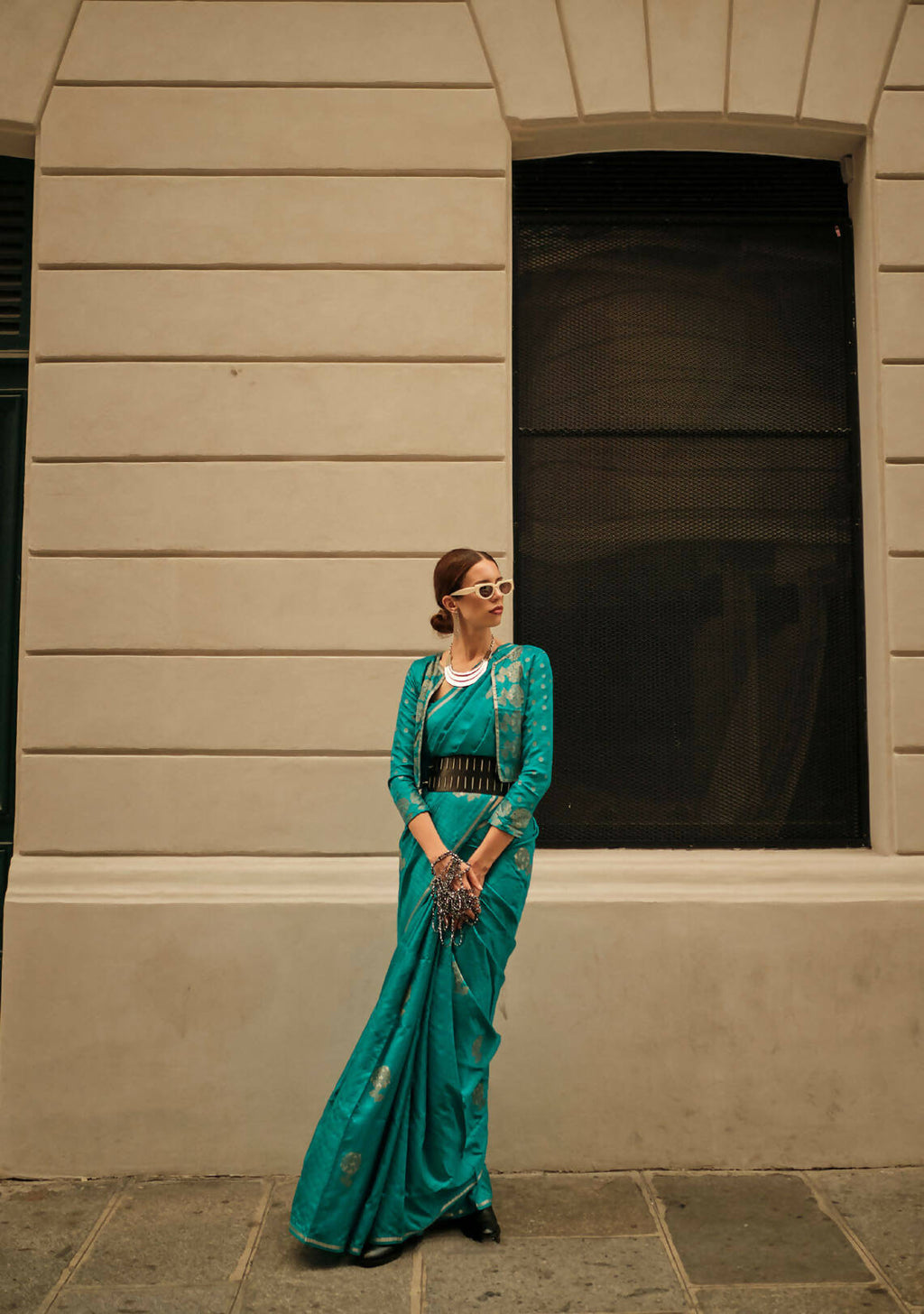 Pacific Blue Weavead Thread & Zari Work, Handloom Weaving Banarasi Satin Silk Saree - Rajtex Kronicle Silk | Grocsy