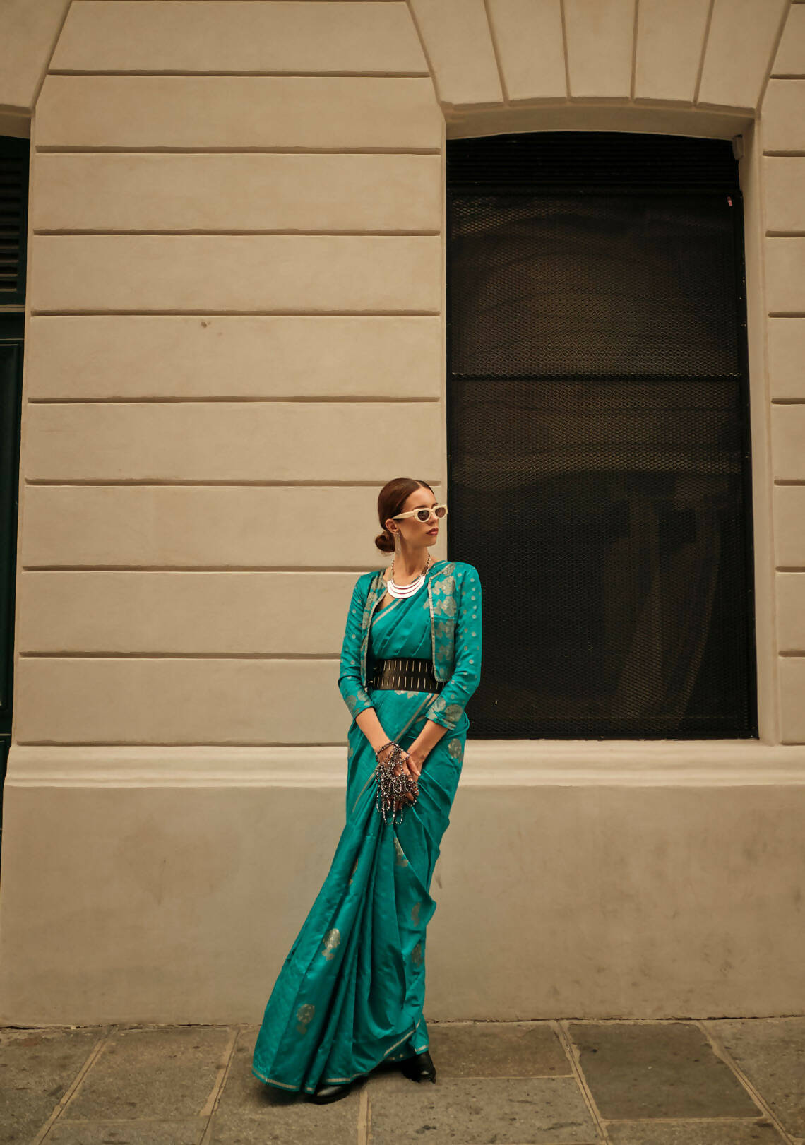 Pacific Blue Weavead Thread & Zari Work, Handloom Weaving Banarasi Satin Silk Saree - Rajtex Kronicle Silk | Grocsy
