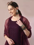 Myshka Women's Magenta Embroidered Cotton Straight Party Kurta Set With Dupatta | Grocsy