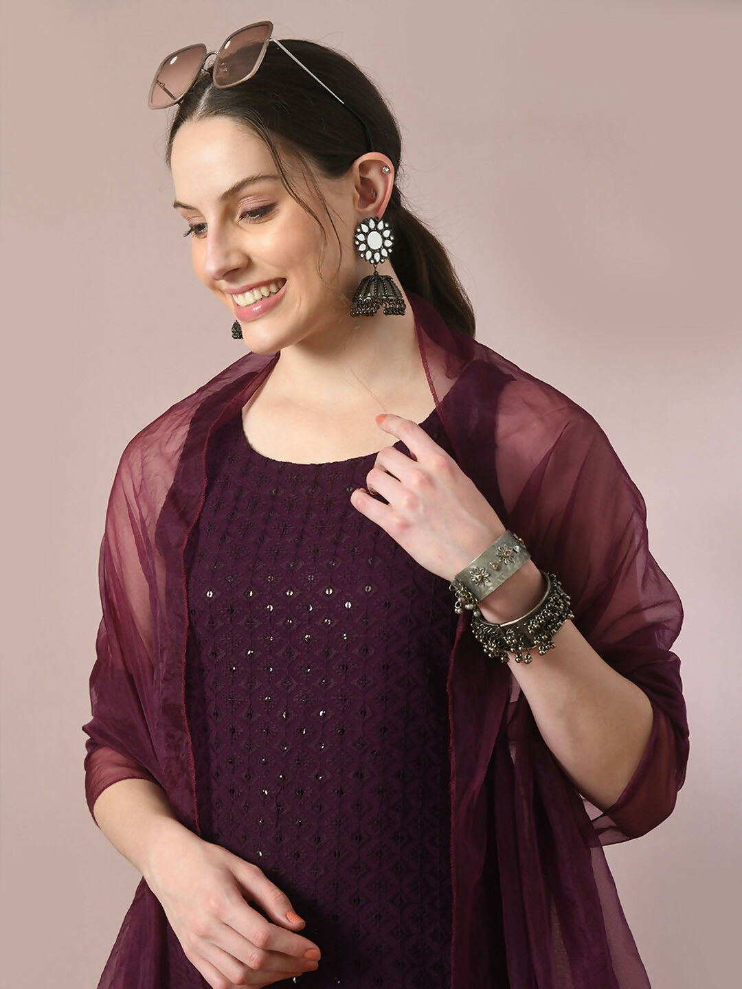 Myshka Women's Magenta Embroidered Cotton Straight Party Kurta Set With Dupatta | Grocsy