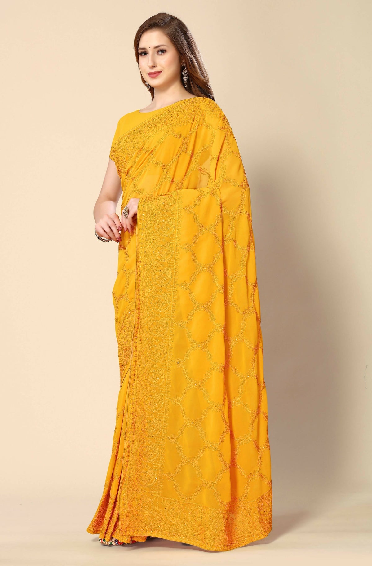 Mustard Georgette Embroidered and Stone Work Saree with Unstitched Blouse Piece - Roozal | Grocsy