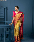 DEIANA'S Beautiful Designer Golden zari Soft Lichi Silk Saree - Yellow | Grocsy
