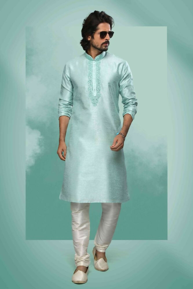 Raivat Ethnic Art Silk Mirror Embroidery Work Kurta Pajama In Pista Green Colour | Grocsy