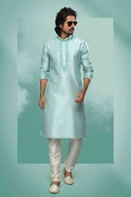 Raivat Ethnic Art Silk Mirror Embroidery Work Kurta Pajama In Pista Green Colour | Grocsy