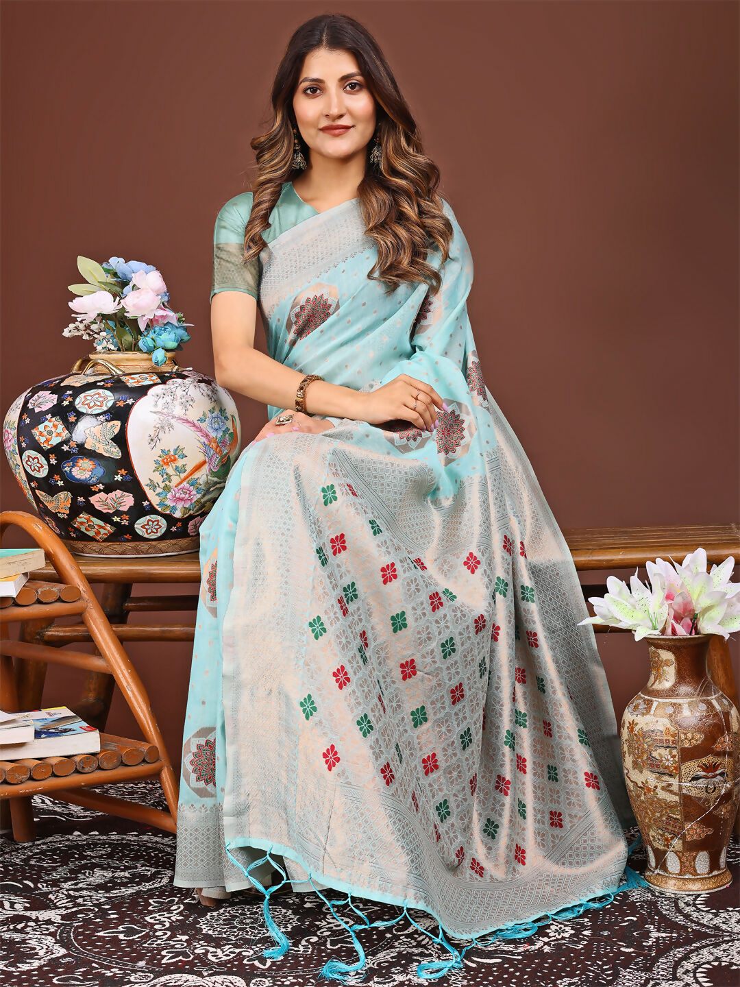 Shree Shyam Fashion Neerja Sky Blue Linen Cotton Saree | Grocsy