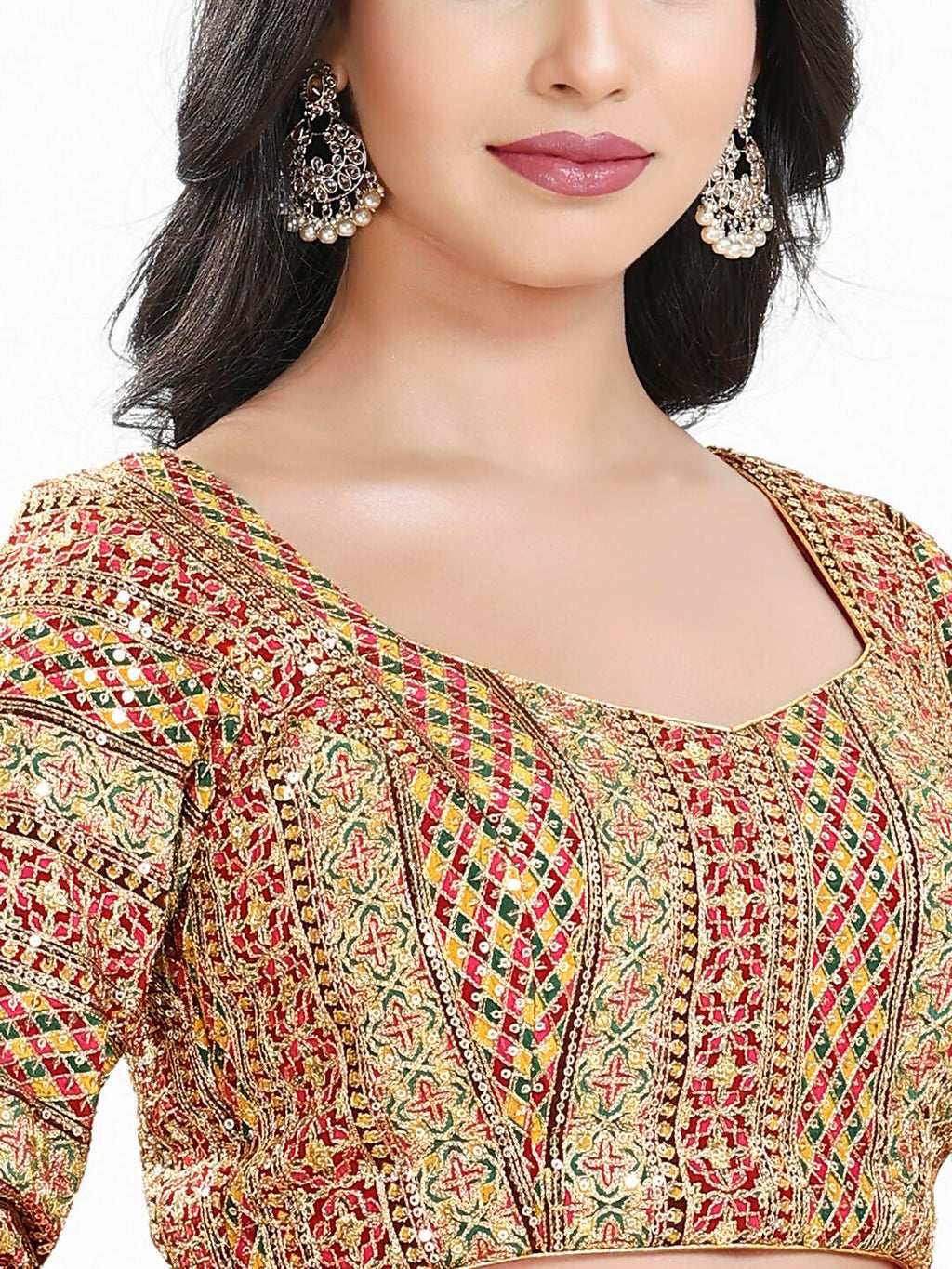 Joban Fashion Pink Multi Silk Padded Blouse With Sweetheart Neck 3/4 Sleeves | Grocsy