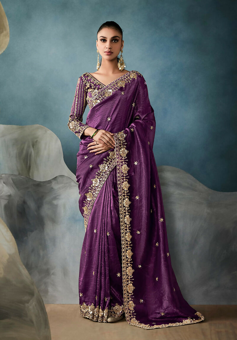Monjolika Fashion Purple Tissue Embroidered Sequins And Zari Work Saree | Grocsy