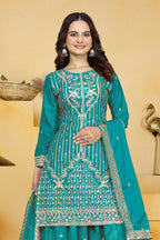 Teeya Creation Teal Color Natural Crepe Silk Wedding Wear Trending Palazzo Set | Grocsy