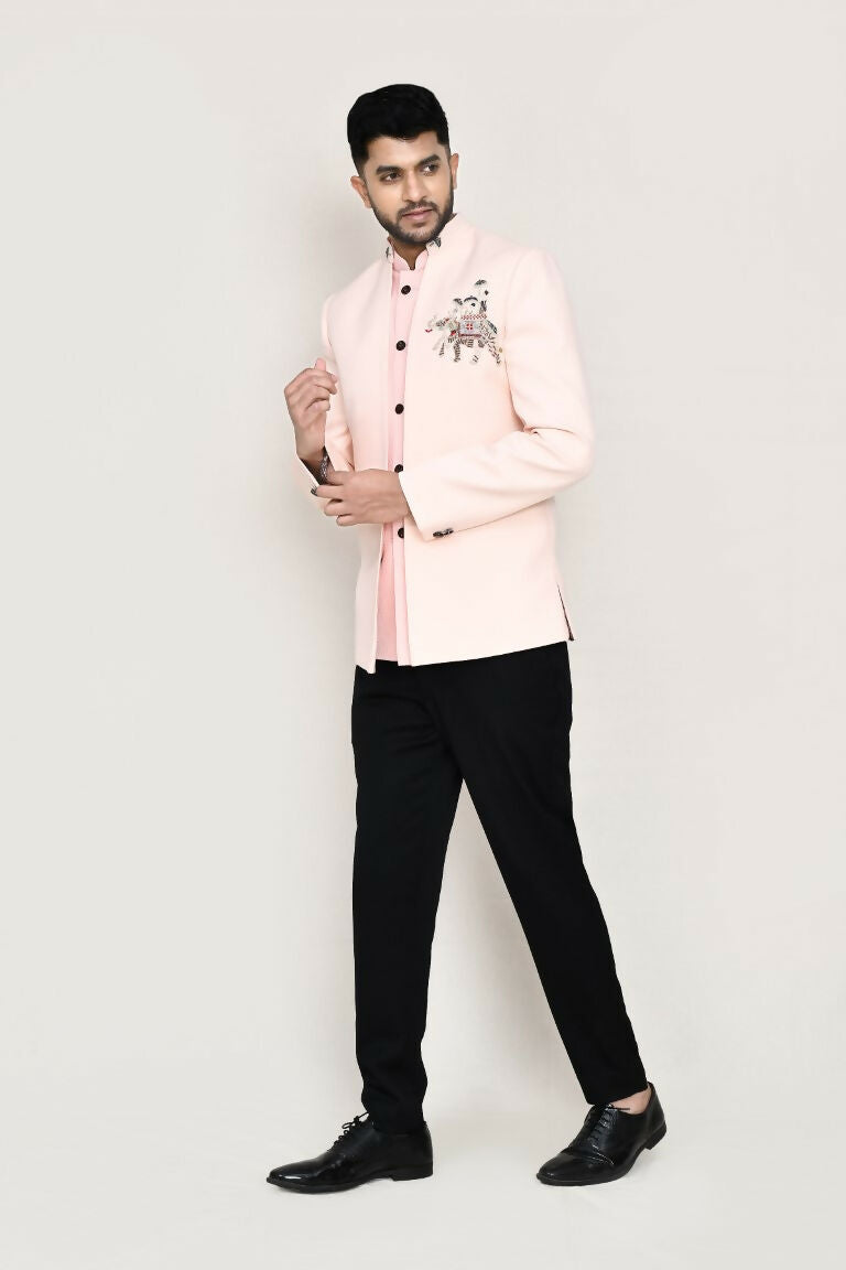 Joban Fashion Peach Colored Imported Polyester Fabric Open Prince Coat, Jacket With Pant | Grocsy