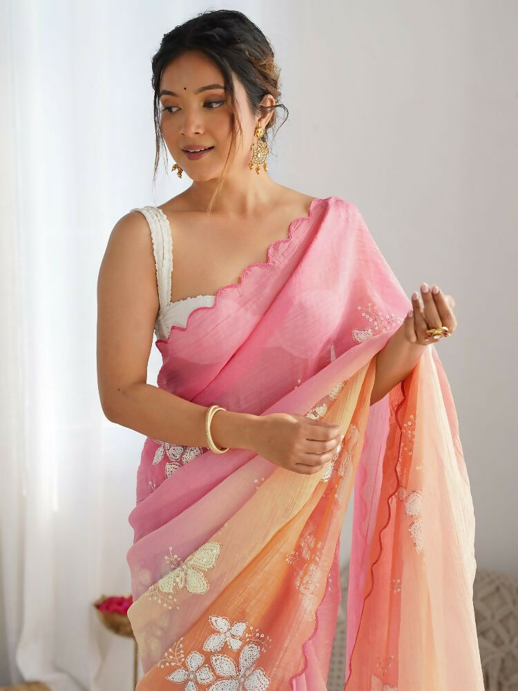 PR Fashion Pink_Orange Gold Crush Embroidery Work Saree | Grocsy