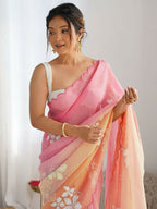 PR Fashion Pink_Orange Gold Crush Embroidery Work Saree | Grocsy