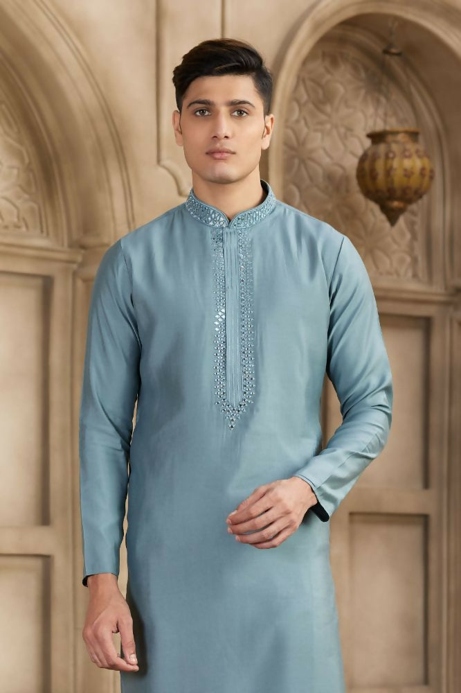 Raivat Ethnic Banarasi Art Silk Mirror Work Kurta Pajama In Grey Colour | Grocsy