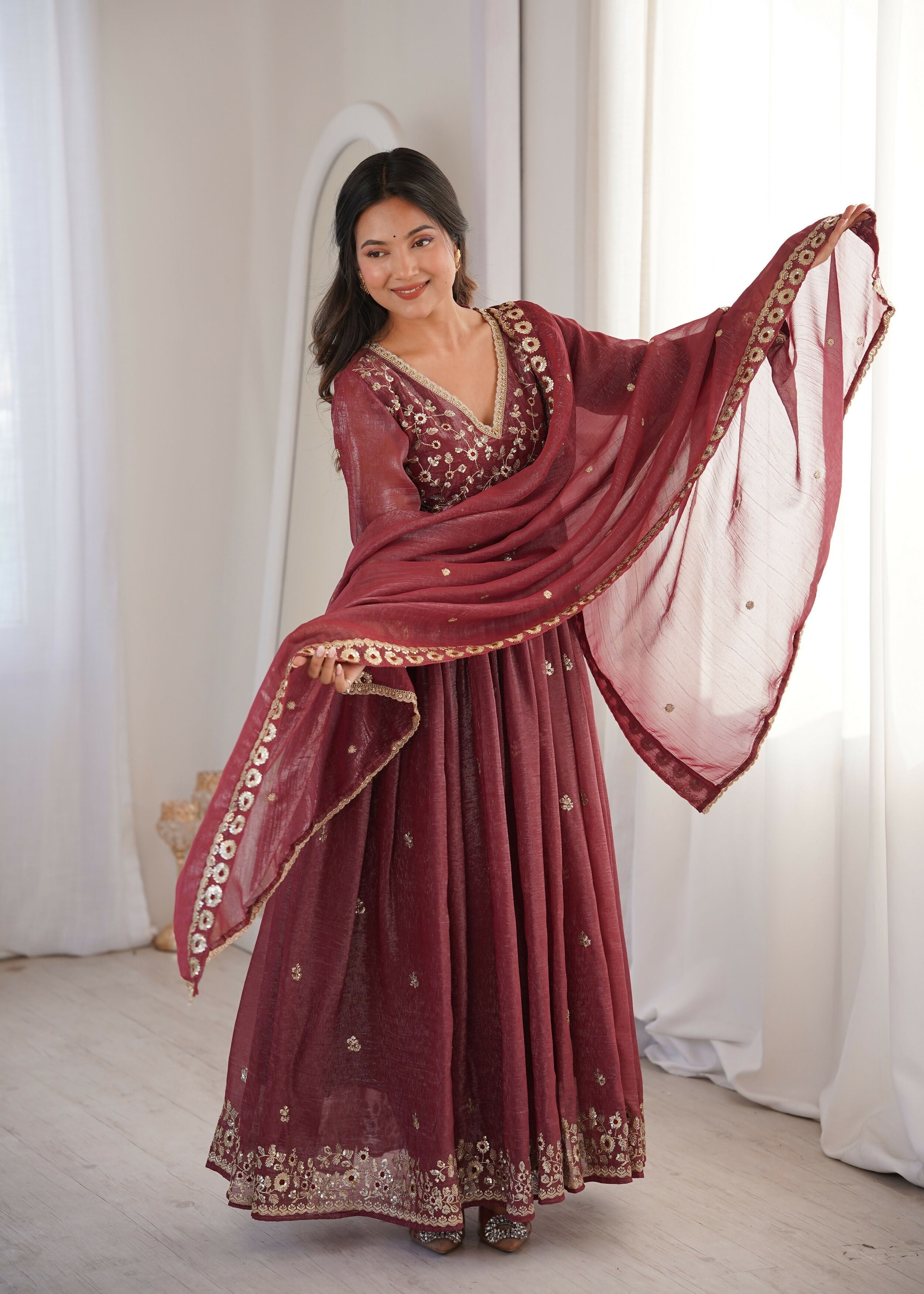 Teeya Creation Brown Crunchy Silk Wedding Wear Embroidery Work Design Gown | Grocsy