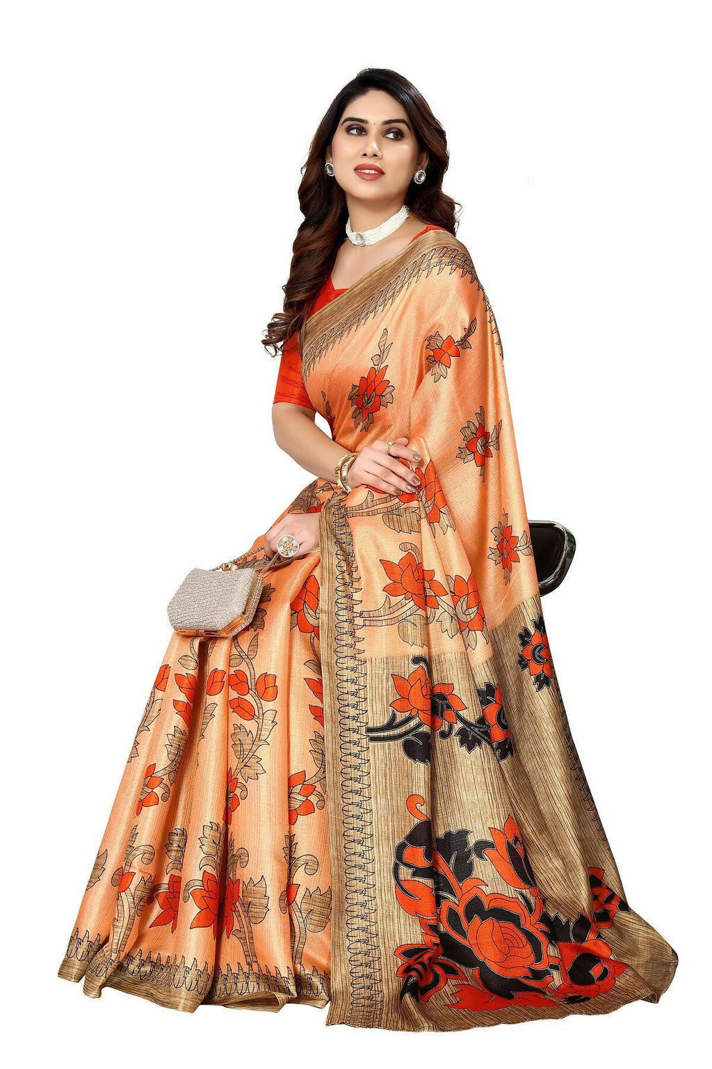 Vamika Orange Printed Art Silk Saree | Grocsy