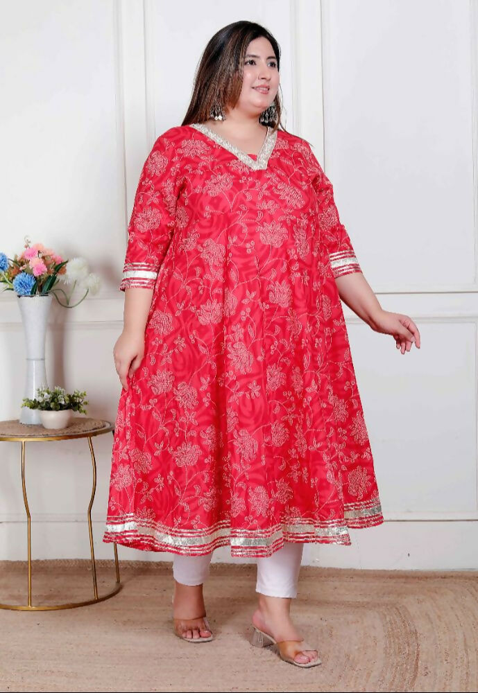 Miravan Plus Size Women'S Red Jaipuri Printed Cotton Ethnic Anarkali Kurta | Grocsy