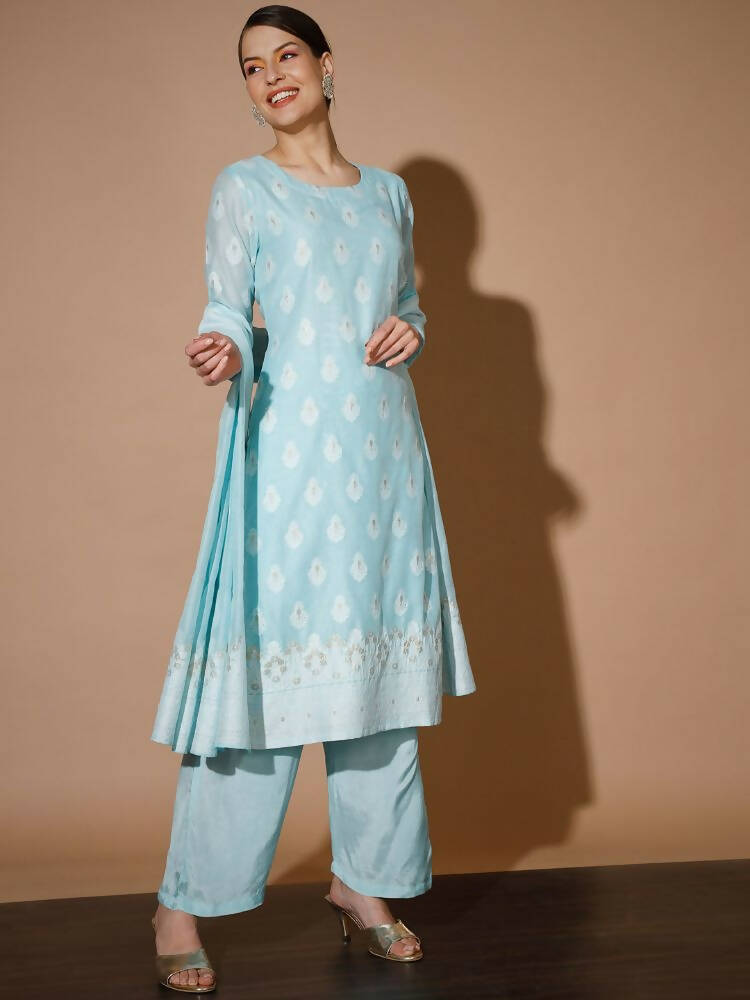 Myshka Women Blue Printed Kurta & Palazzos With Dupatta | Grocsy