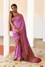 Joban Fashion Hot Pink Crepe Chiffon Pure Handloom Banarasi Silk Saree | Grocsy