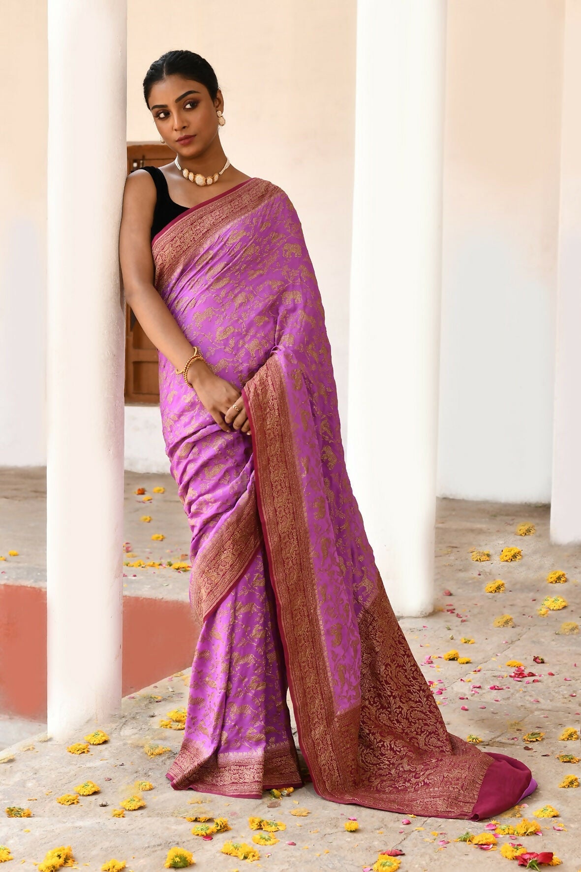 Joban Fashion Hot Pink Crepe Chiffon Pure Handloom Banarasi Silk Saree | Grocsy