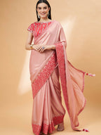 Light Pink Satin Georgette Laser Cut Floral Embroidery , Resham, Zari And Cord Embroidery Saree - Norita Hit Design | Grocsy