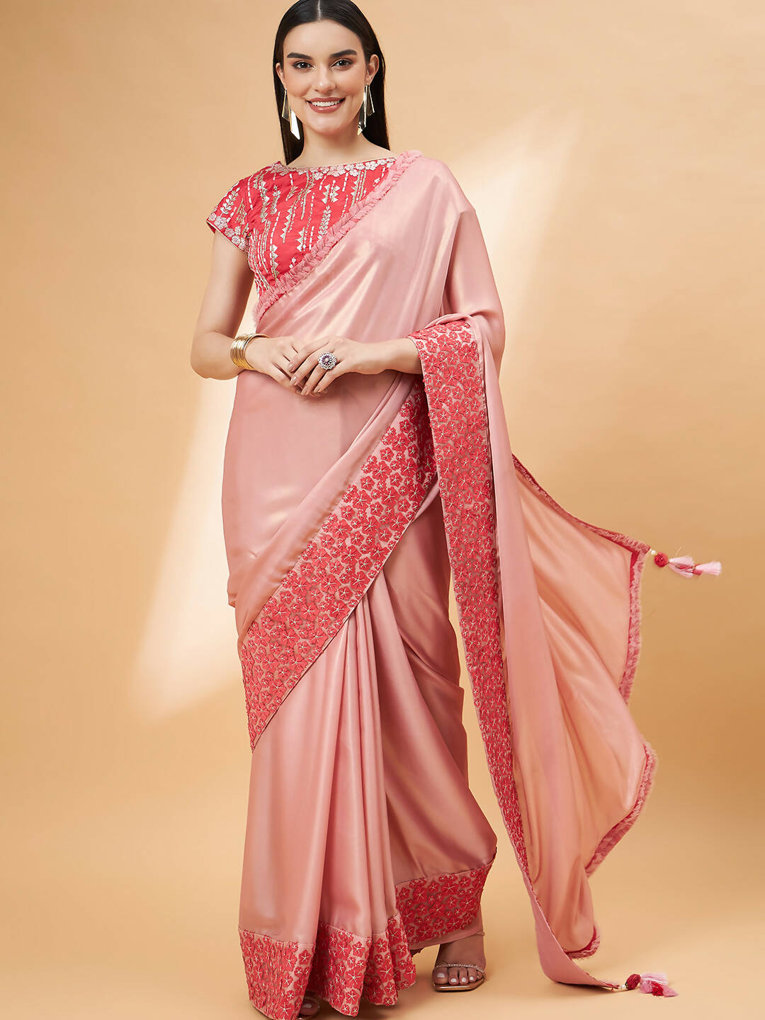 Light Pink Satin Georgette Laser Cut Floral Embroidery , Resham, Zari And Cord Embroidery Saree - Norita Hit Design | Grocsy