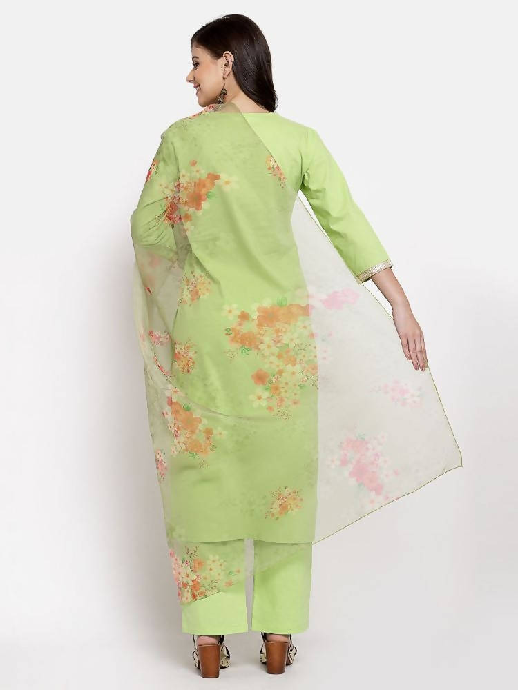 Myshka Women's Green Cotton Solid 3/4 Sleeve V Neck Casual Kurta Pant Dupatta Set | Grocsy