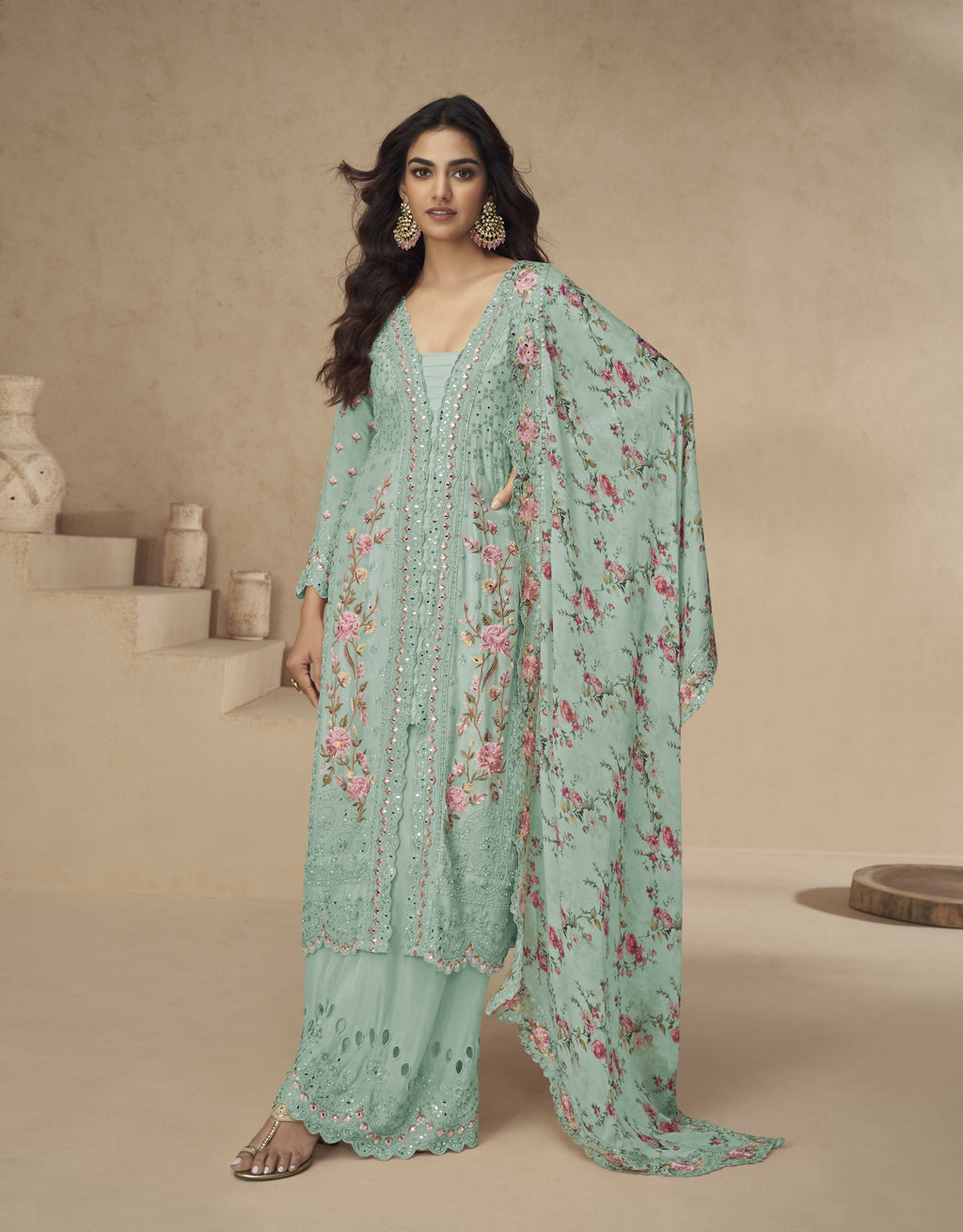 Anaita Sea-Green Chinon Readymade Suit with Embroidery Sequence Work | Grocsy