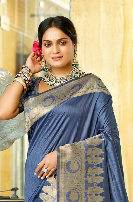 Sangam Prints Navy Blue Assam Silk Woven Work Traditional Saree | Grocsy