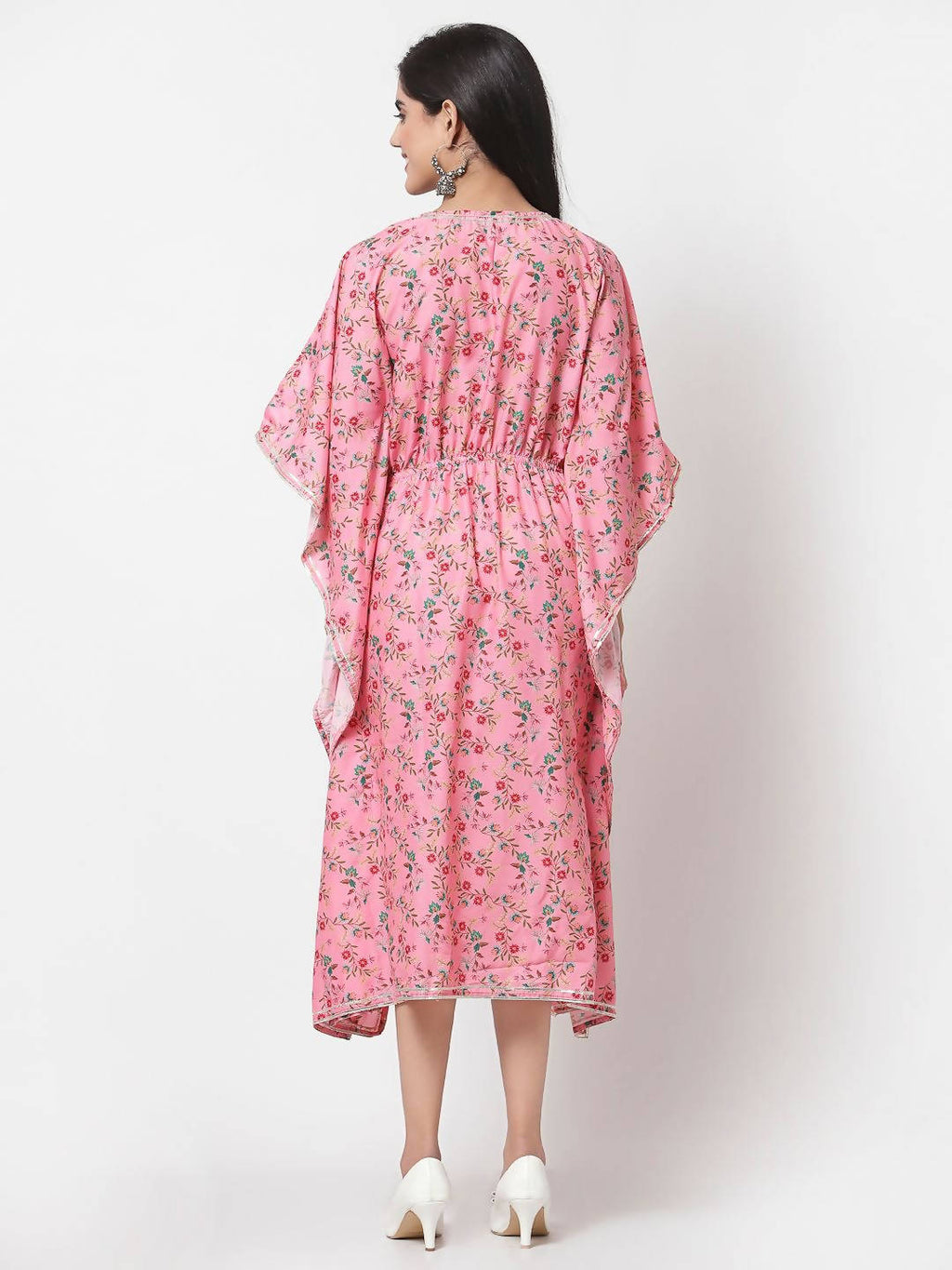 Myshka Women's Pink Polyester Printed Full Sleeve V Neck Casual Kaftaan | Grocsy
