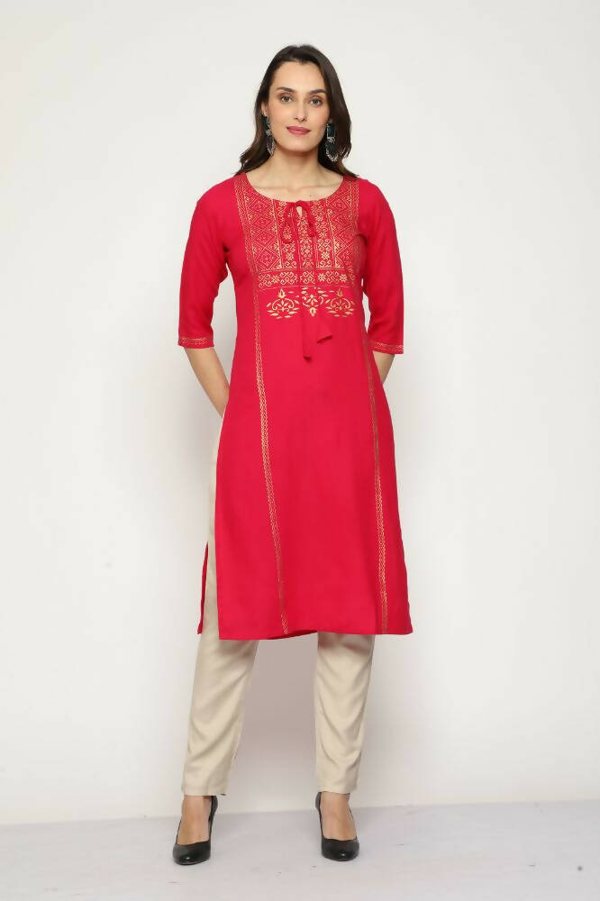 Maai Rayon Hand Printed Kurta Red | Grocsy