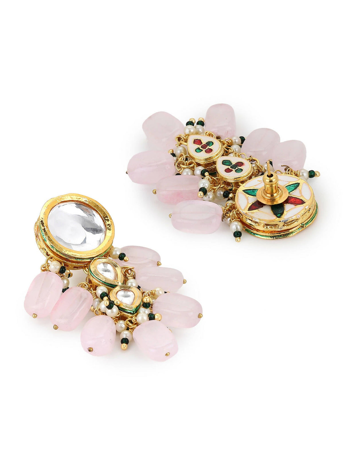 Gold-Toned White Kundan Contemporary Gold-Polished Drop Earrings - Ruby Raang | Grocsy