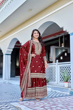Teeya Creation Maroon Color Chinon Silk Heavy Embroidery Work Wedding Wear Sharara | Grocsy