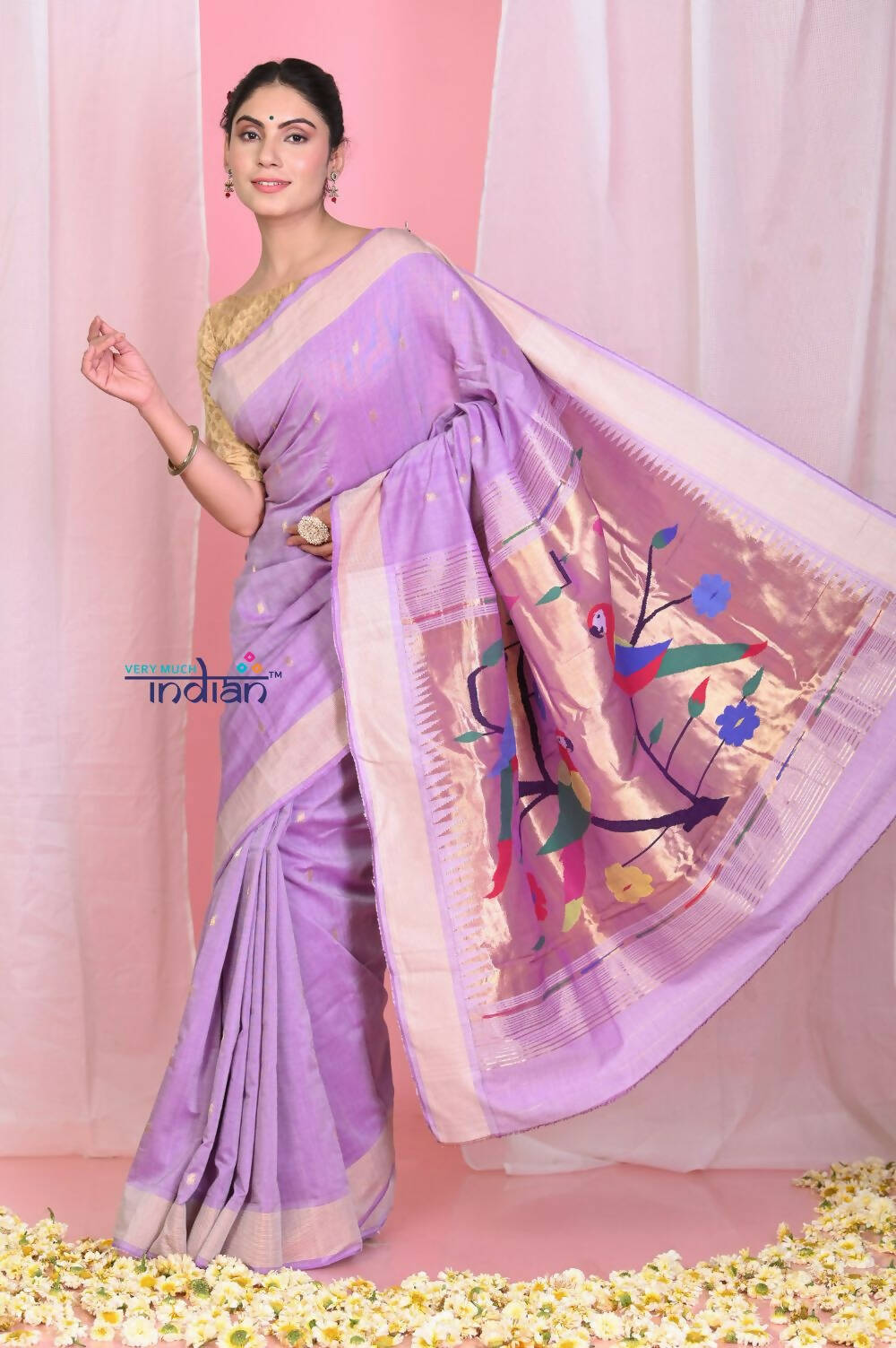 Very Much Indian Handloom Pure Cotton Paithani With Handwoven Pallu -Lilac | Grocsy