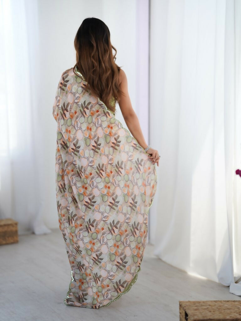 Off White Chinon Designer Digital Printed,Mirror Cut Work Saree - Manvika | Grocsy