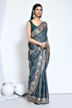 Teal Satin Silk Sequence Embroidered with Stone work Saree - Nimaya Benzy | Grocsy