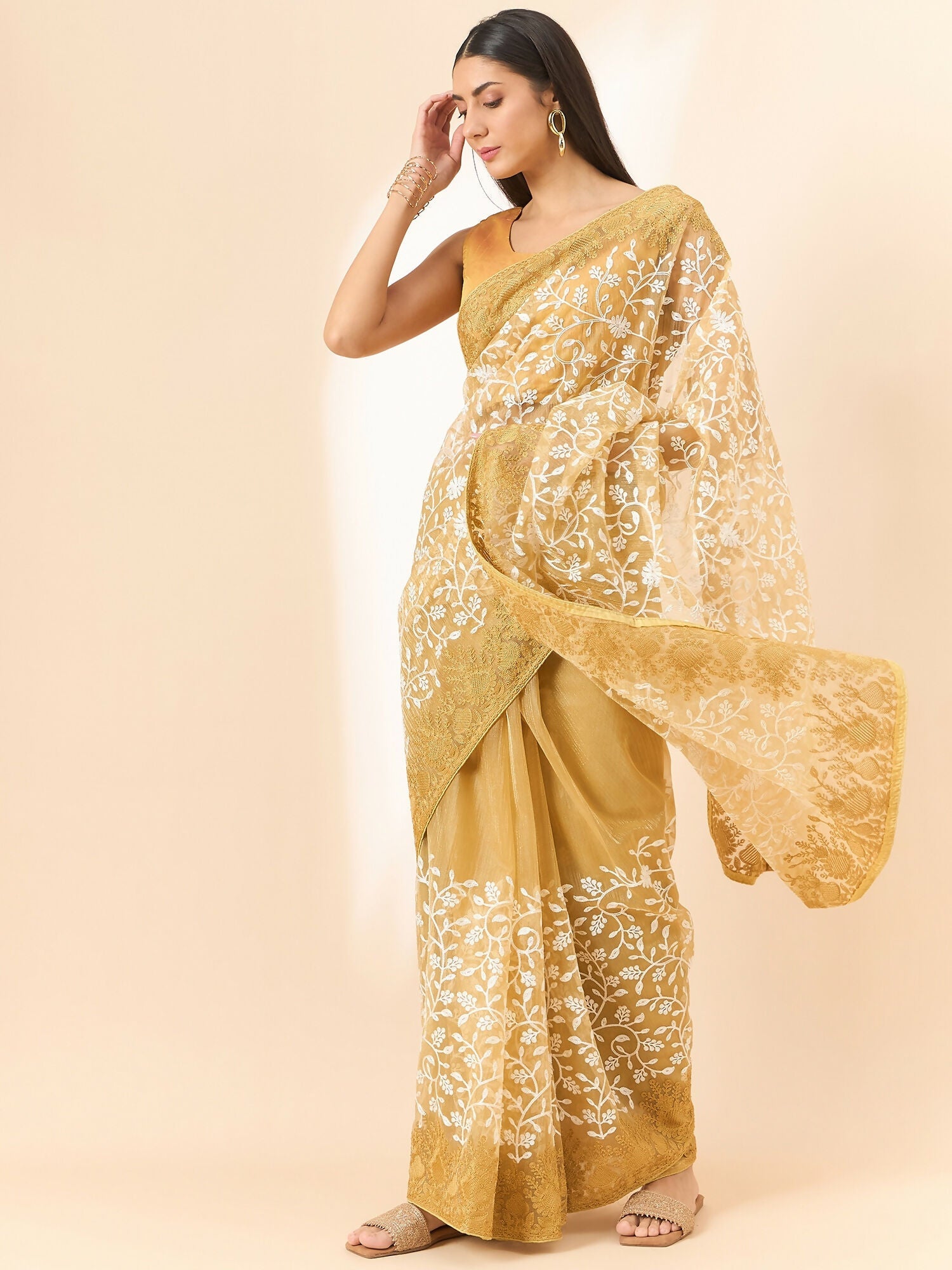 Beige Organza Floral Embroidered Saree with Unstitched Blouse Piece - Roozal | Grocsy