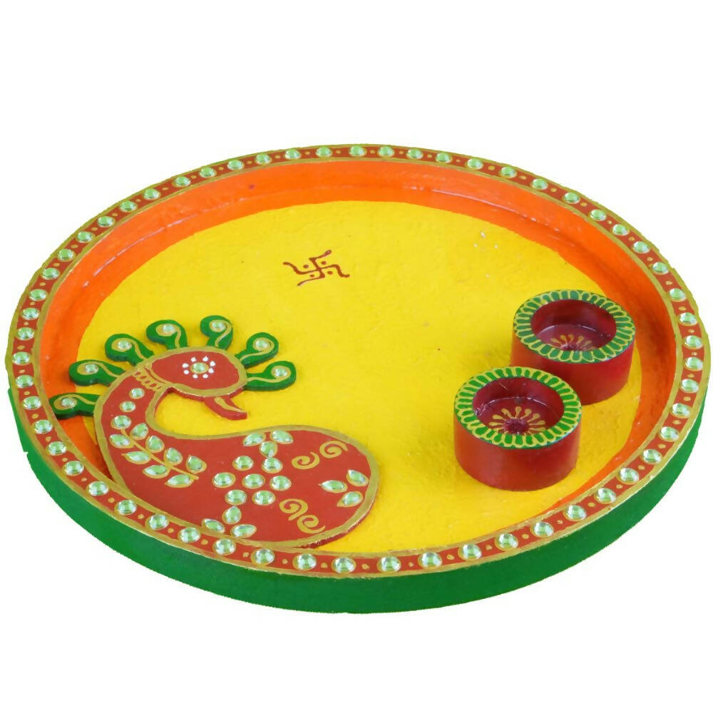 Kundan HandiKrafts Mdf Peacock Pooja Thali (Round) | Grocsy