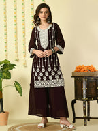 Myshka Women's Coffee Brown Georgette Kurta & Palazzos With Dupatta Party Sets | Grocsy