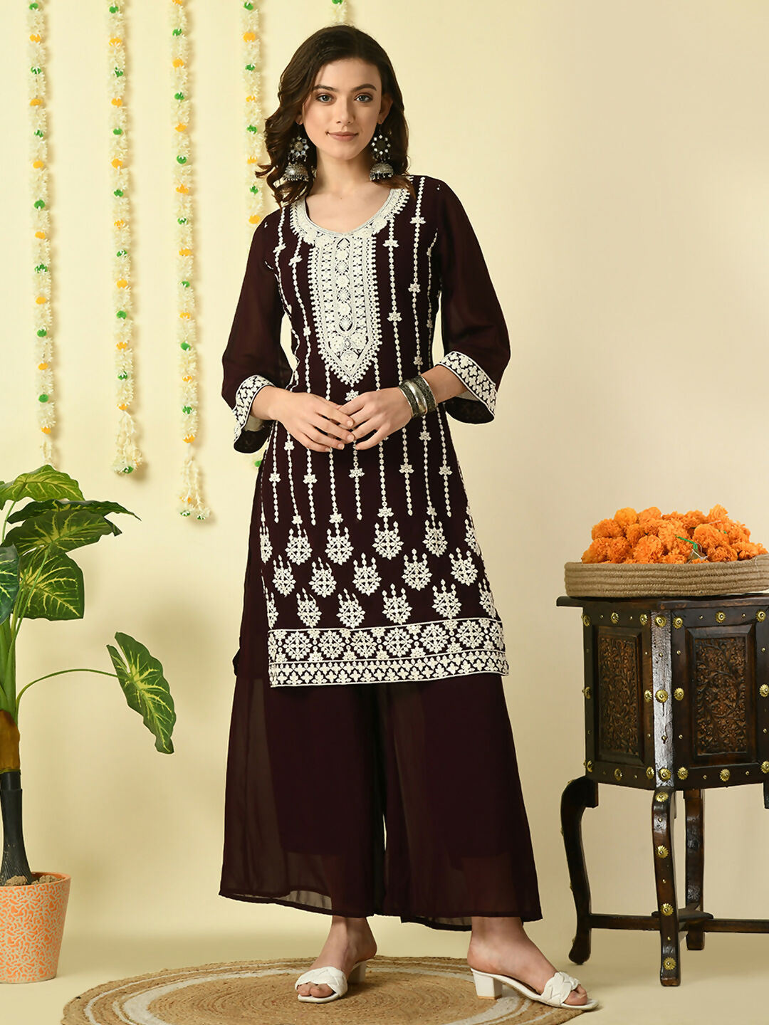 Myshka Women's Coffee Brown Georgette Kurta & Palazzos With Dupatta Party Sets | Grocsy