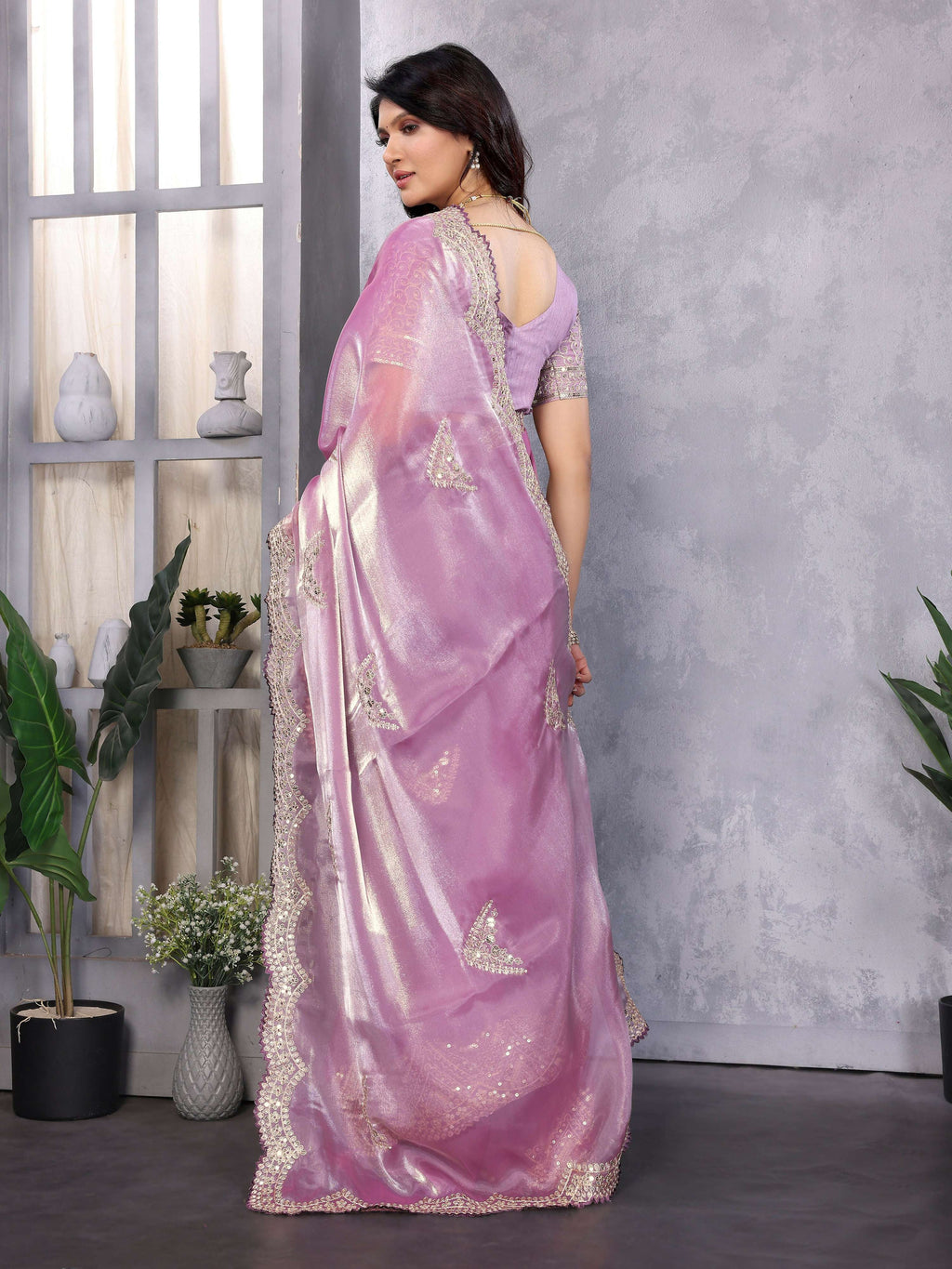 Vastranavya Lavender Embroidery Work Shimmer Chiffon Saree with Unstitched Blouse | Grocsy