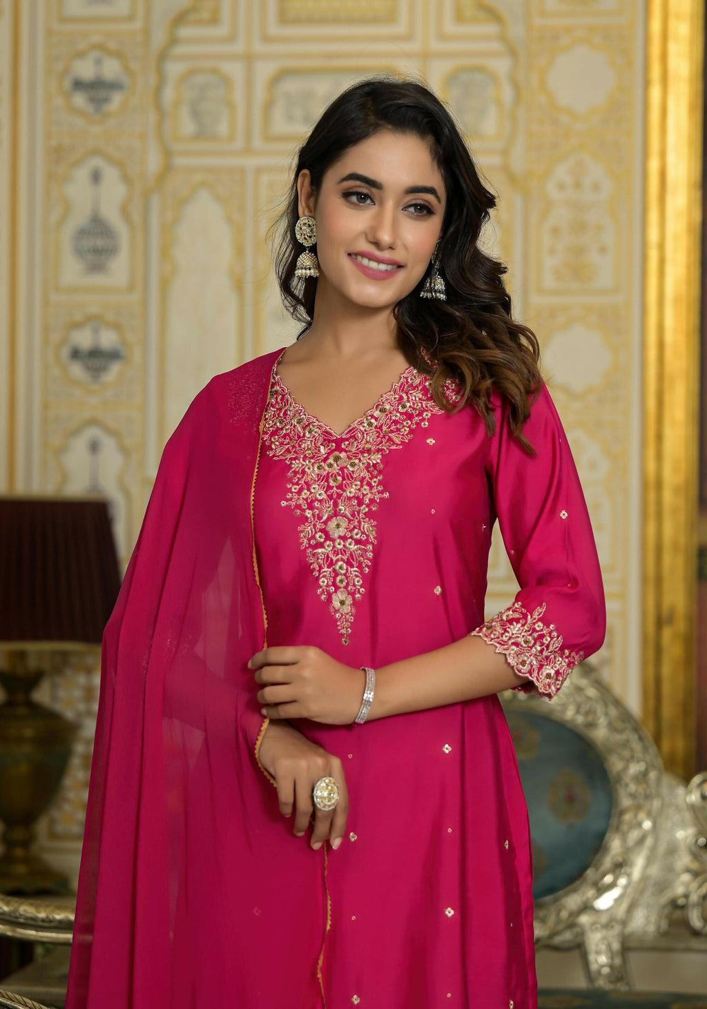 Juniper Women's Fuchsia Zari Embroidered Viscose Kurta Pant And Dupatta Set With Lace | Grocsy