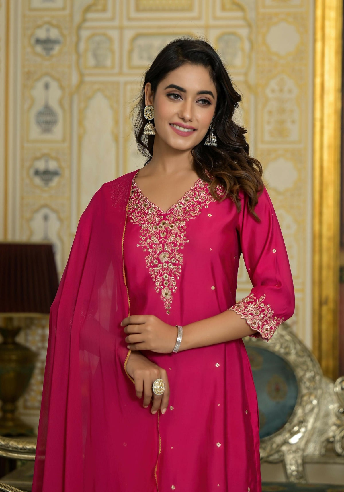 Juniper Women's Fuchsia Zari Embroidered Viscose Kurta Pant And Dupatta Set With Lace | Grocsy