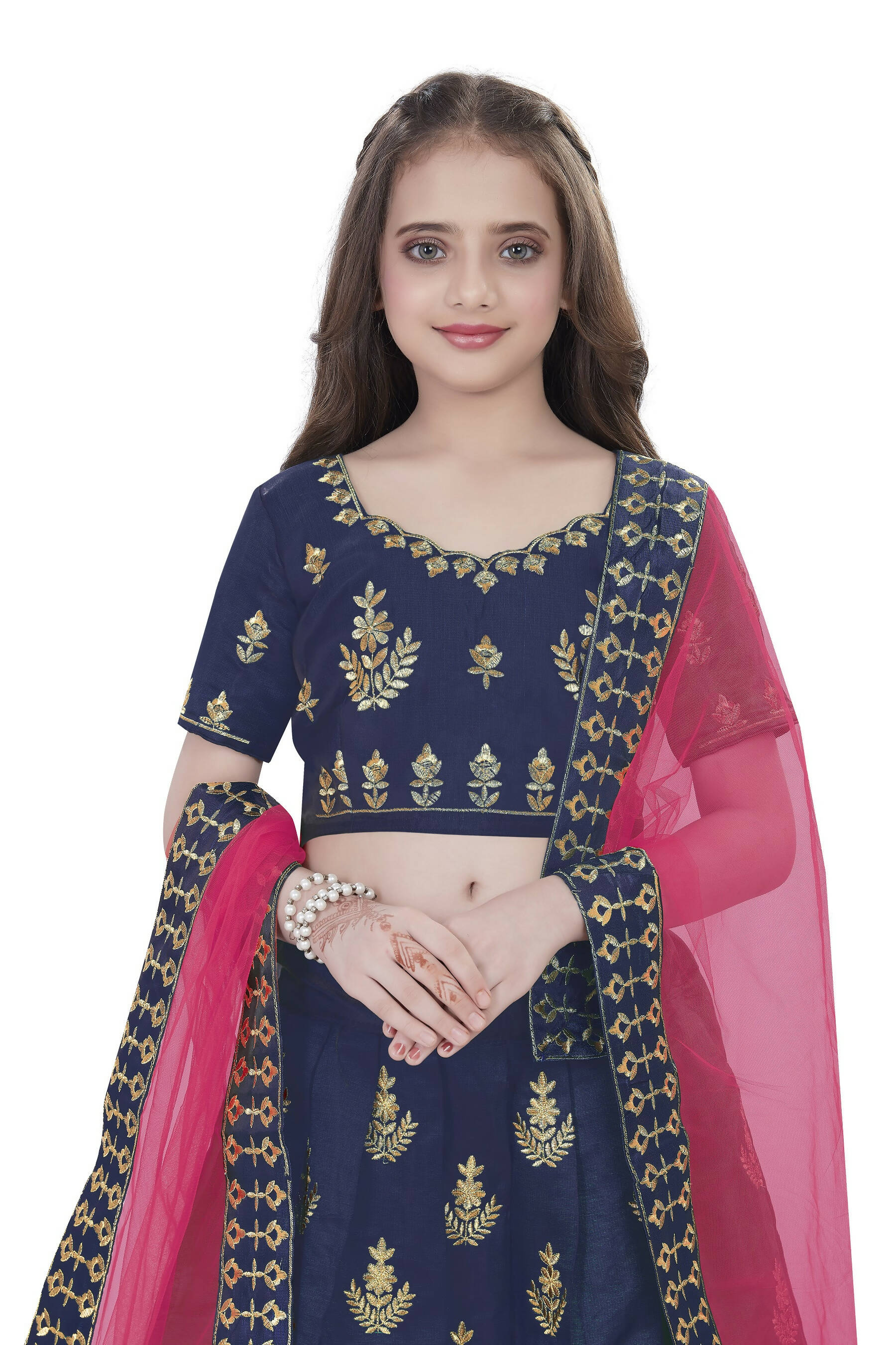 Dwiden Navy Blue Kamal Tafetta Sattin Semi-Stitched Girl's Lehenga Cholin Kamal Tafetta Sattin Semi-Stitched Girl's Lehenga Choli | Grocsy