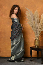 Very Much Indian Modal Silk Ajrakh Handblock Printed Natural Dyes With Designer Border Saree - Blue | Grocsy