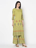 Aniyah Rayon Parrot Green Color Block Print Straight Kurta Palazzo Set (AN-197K) | Grocsy
