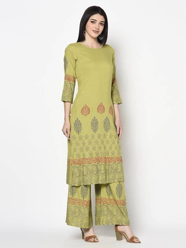 Aniyah Rayon Parrot Green Color Block Print Straight Kurta Palazzo Set (AN-197K) | Grocsy
