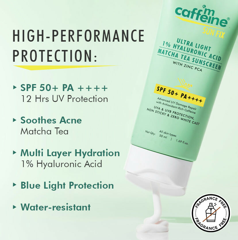 mCaffeine Sun Fix Ultra Light 1% Hyaluronic Acid Matcha Tea Sunscreen SPF 50+ PA++++ | Grocsy
