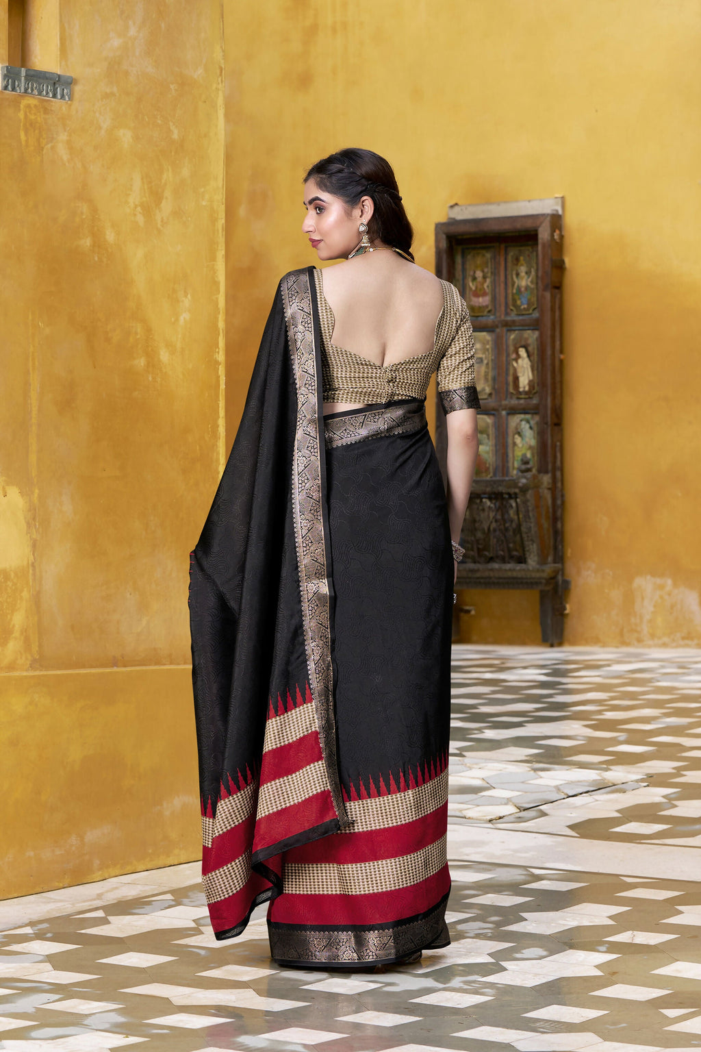 Vastranavya Black Printed with Zari Weaving Work Poly Cotton Saree & Unstitched Blouse | Grocsy