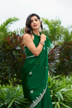 Vastranavya Green Embroidery Work Shimmer Chiffon Saree with Unstitched Blouse | Grocsy