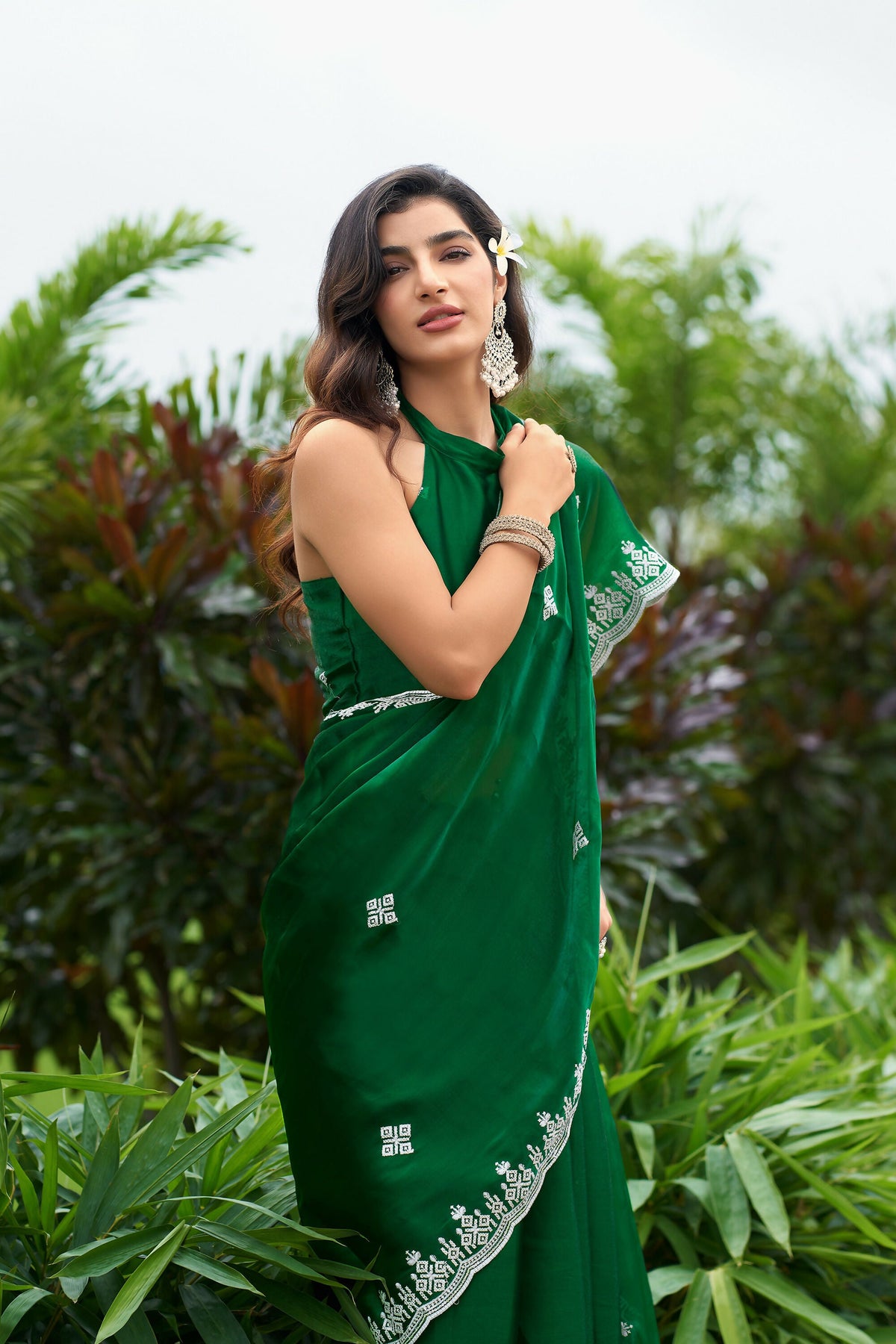 Vastranavya Green Embroidery Work Shimmer Chiffon Saree with Unstitched Blouse | Grocsy