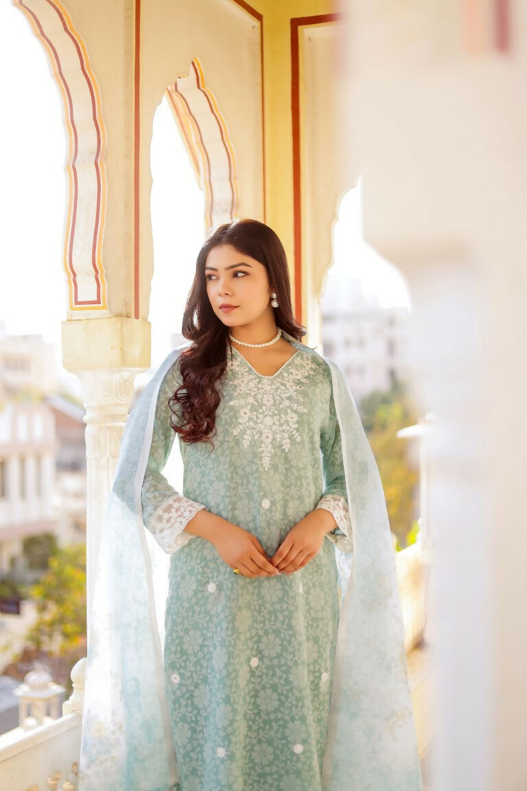 Vaasva Women Sky Blue Linen Floral Printed Kurta, Pant & Dupatta set | Grocsy